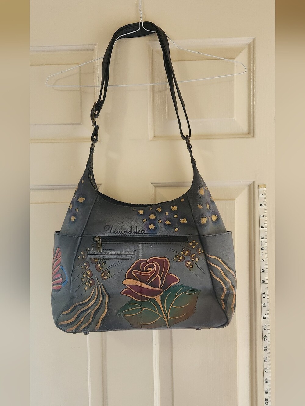 Anuschka Shoulder Bag with Hand-Painted Rose and Gold Accents